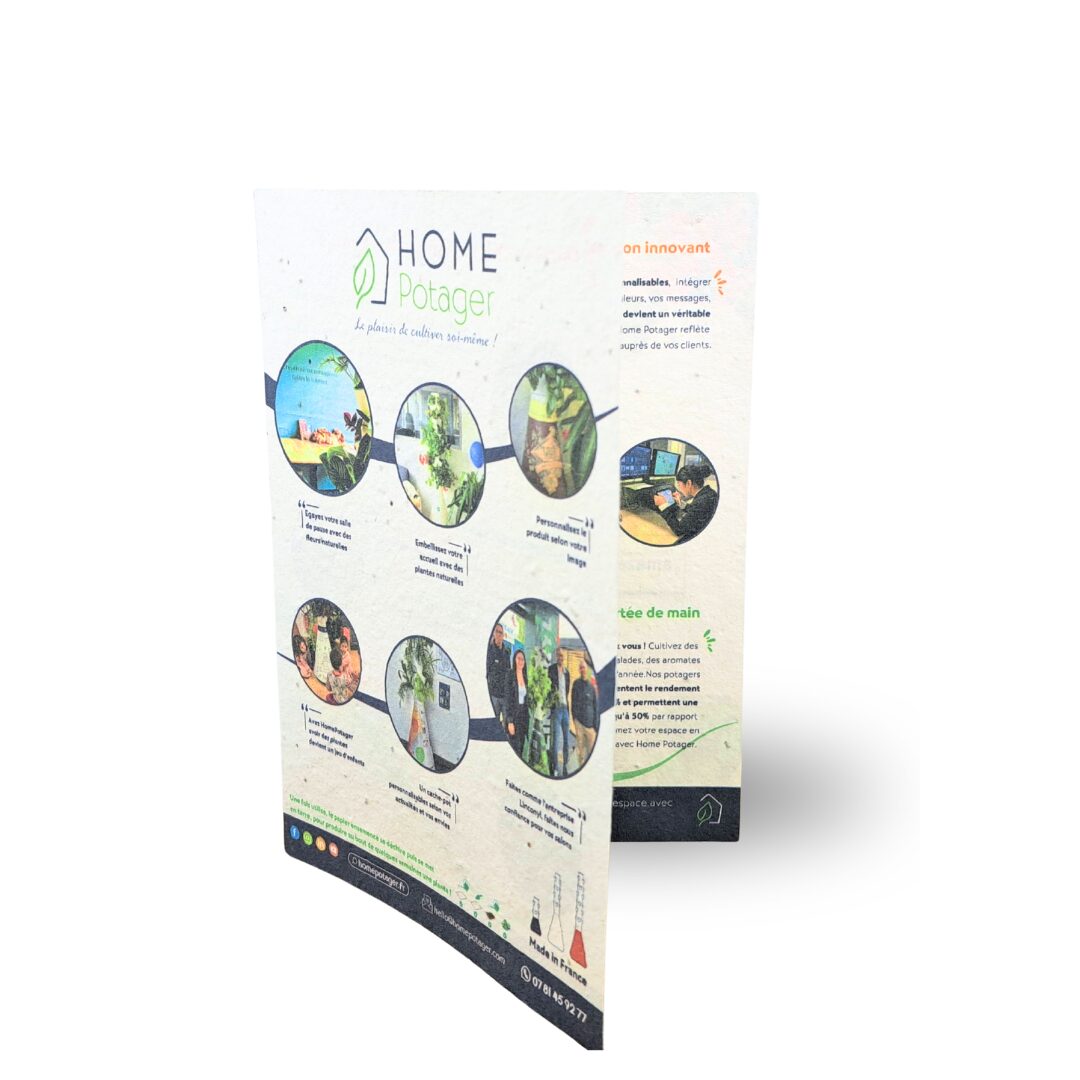 Dépliant en papier ensemencé personnalisé pour communication écologique et événements professionnels.